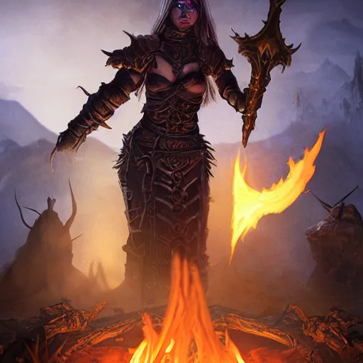 Prompt: diablo 2 sorceress, barbarian, necromancer, paladin, druid, assassin, amazon, standing around a campfire at night in an encampment with the light of the fire illuminating their faces photoshoot, 4 k, hyper realistic, natural, highly detailed, digital illustration, trending in artstation, classical painting, smooth, sharp focus art by ilya repin