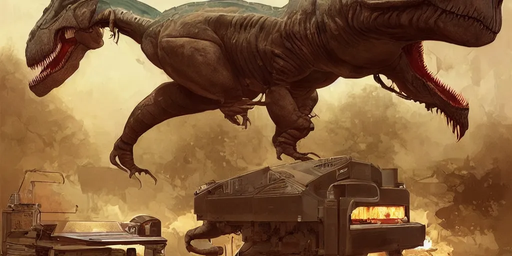 Prompt: huge t - rex lounging in a chair in front of an oven, highly detailed, digital painting, concept art, matte, sharp focus, illustration by artgerm, art by greg rutkowski, art by alphonse mucha