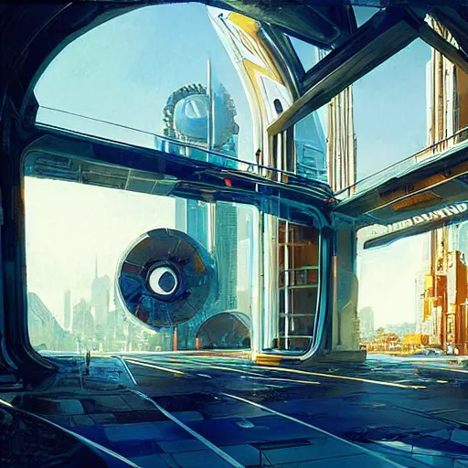 Image similar to derelict portal in a middle of a futuristic cityscape, world seen only through a portal, daylight, cinematic perspective, cinematic lighting, blue sky, syd mead, john harris