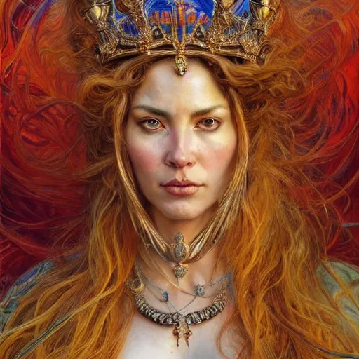 Prompt: highly detailed full portrait of a majestic lioness queen in the form of a beautiful woman. d & d, art by donato giancola and ruan jia and carl larsson and magali villeneuve. trending on artstation, intricate details, energetic composition, golden ratio, concept art, illustration, elegant art