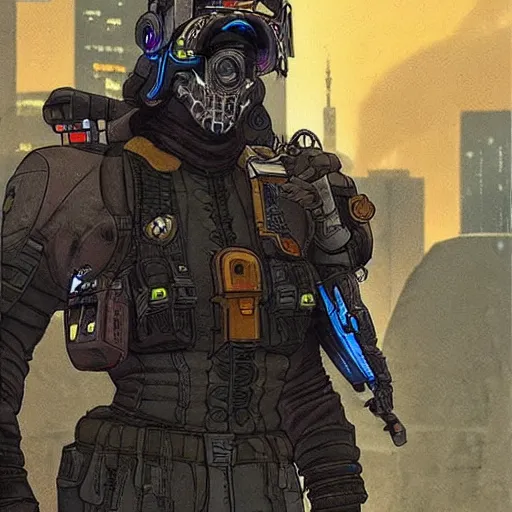 Prompt: ivan. Apex legends cyberpunk mercenary with exoskelital gear. Concept art by James Gurney and Mœbius.