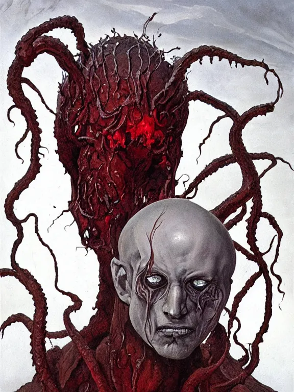 Prompt: painting by wayne barlowe of a flying sorrowful looking severed human head with tears running down it's eyes, face that is chalk white in color, with long sprawling white tentacles stemming down it's neck, fiery scorching red eyes, flying in a terrying hellish dark cavernous place