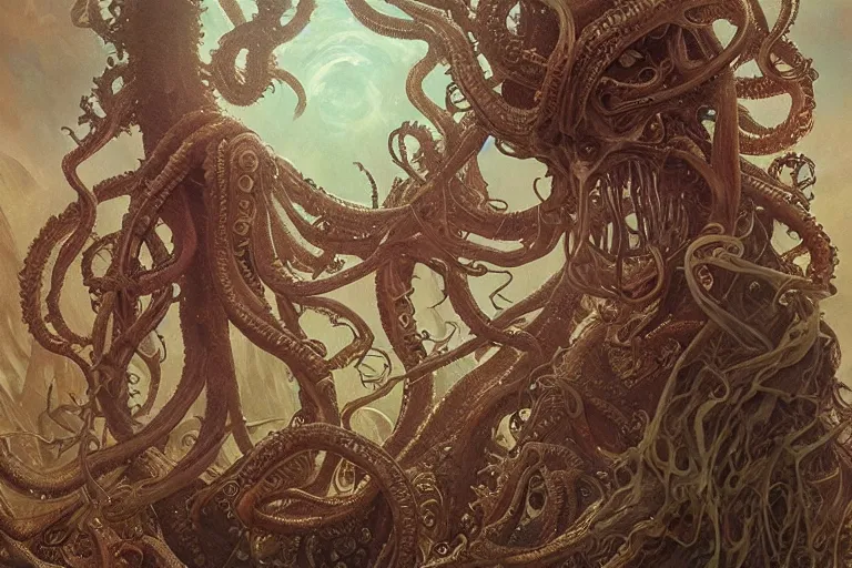 Image similar to a lovecraftian painting of cthulhu face of cosmic horror, cosmic horror elements, ultra realistic, concept art, intricate details, eerie, highly detailed, photorealistic, octane render, 8 k, unreal engine. art by artgerm and greg rutkowski and alphonse mucha