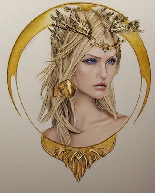 Image similar to tattoo design sketch of hot blonde super model as aphrodite greek goddess wearing a gold laurel wreath and triangle earrings, beautiful piercing gaze with sharp pupils, in the style of greg rutkowski, fantasy, amazing detail, epic, elegant, smooth, sharp focus, front view