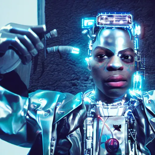 Prompt: a cinematic film still of rapper unotheactivist as a cybernetic cyborg, cgi, surrealism, cold lighting, film photography