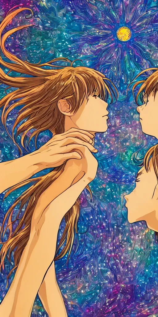 Prompt: a man and a woman holding hands under a beautiful sun drawn like the anime Your Name anime, intricate, psychedelic, Tarot card the Lovers