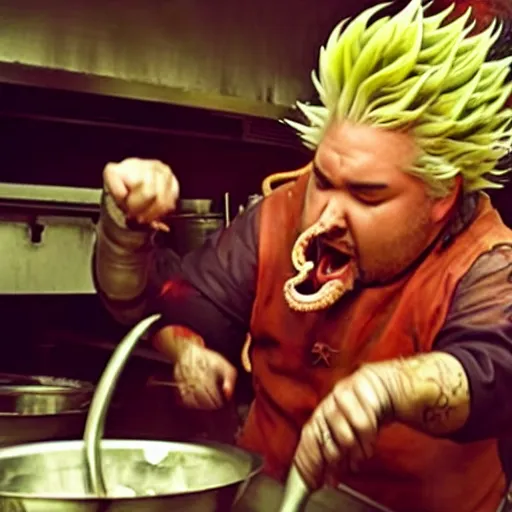 Image similar to guy fieri with tentacles and blade like hair and sharp teeth, in a restaurant kitchen with fire and boiling oil, film still from the movie directed by denis villeneuve with art direction by salvador dali