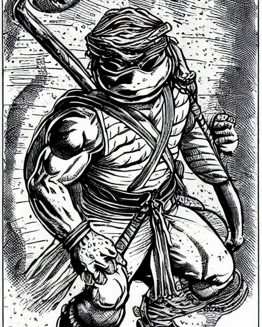 Image similar to Raphael the Ninja Turtle from the Dungeons and Dragons Monster Manual, line art illustration, 1981, high detail