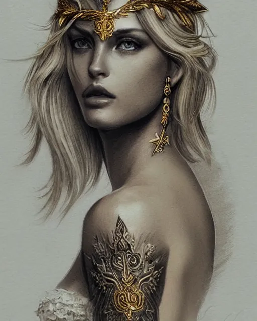 Image similar to tattoo design sketch of hot blonde super model as aphrodite greek goddess wearing a gold laurel wreath and triangle earrings, beautiful piercing gaze with sharp pupils, in the style of greg rutkowski, fantasy, amazing detail, epic, elegant, smooth, sharp focus, front view