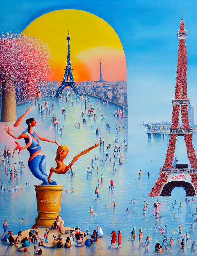 Image similar to a highly detailed and realistic painting of a dancing ice sculture eiffel tower in paris with melting ice cream of the paris skyline on a very sunny bright summer sunset day, very hot and the ice is melting fast and people are swimming in the icecream in the style of james jean and botero