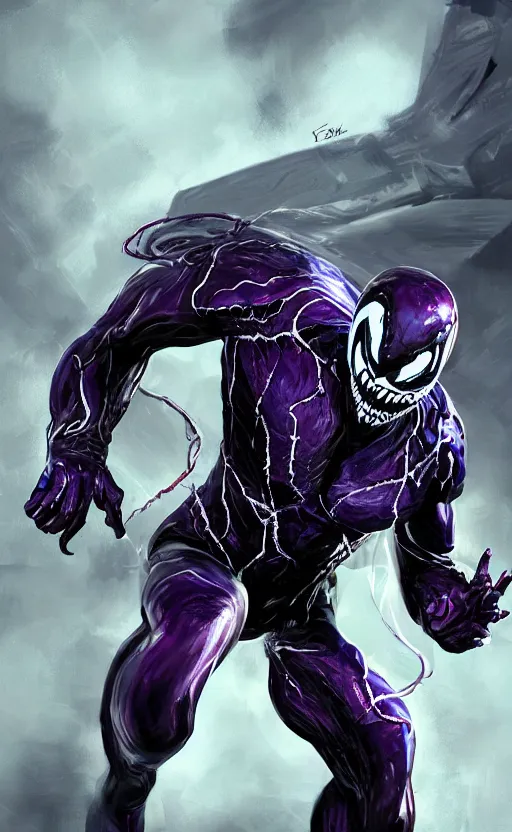 Image similar to venom in a venom inspired ironman suit, purple, black and red, dynamic lighting, photorealistic fantasy concept art, trending on art station, stunning visuals, terrifying, creative, cinematic