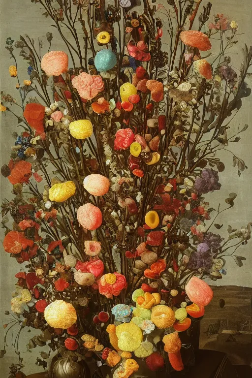 Prompt: still life of a bouquet of flowers made of gummy bears and jelly beans, Northern Renaissance,