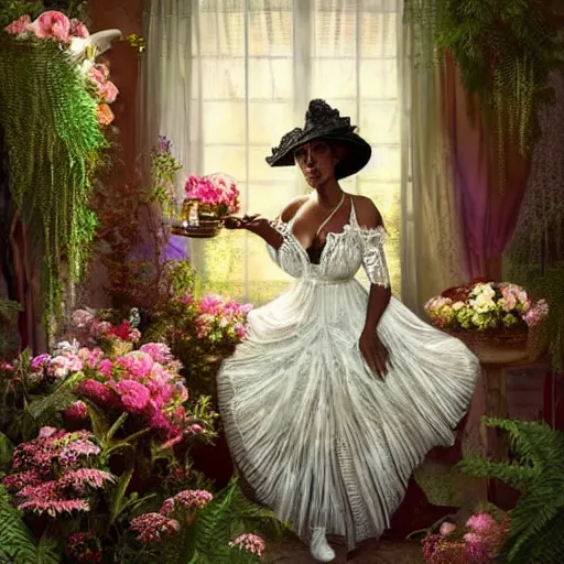 Prompt: fantasy, glow, shimmer, beautiful black victorian woman in a long white frilly lace dress and a large white hat, cow hoof feet, having tea in a sunroom filled with flowers, roses and lush fern flowers ,intricate, night, highly detailed, shows a leg,dramatic lighting