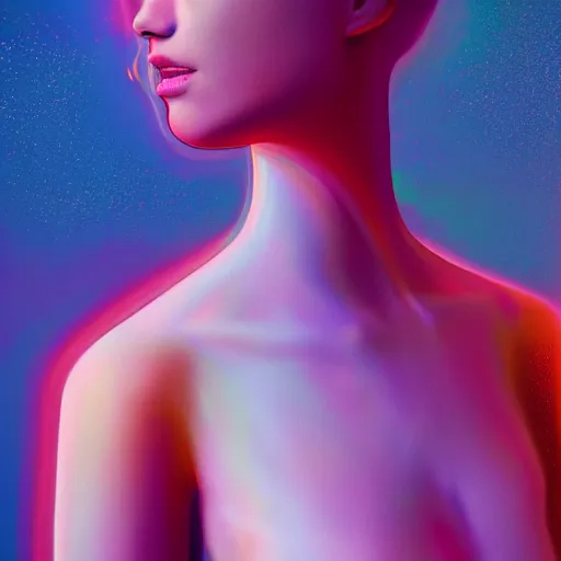 Prompt: A gorgeous young ethereal woman delicately positioned and intertwined in popping color fluids, Fantasy, hyperrealism, 4k, volumetric lighting, three dimensions, a digitally transformed world, user interface design, 3D modeling, illustration, and transportation design. art by Andrew Chiampo, Frederik Heyman and Jonathan Zawada, 4k