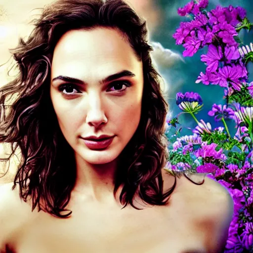 Image similar to fine art, long shot photo of the beauty goddess gal gadot, she has a crown of mesmerizing flowers, she is arriving heaven, background full of stormy clouds, by hr giger