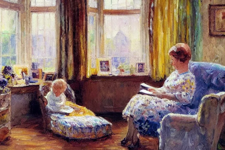 Prompt: impressionist oil painting with broad pallet knife, luminous muted colors, a bay window with comfy cushions, side view. queen elizabeth reads a book, a german shepherd puppy sleeps next to the child. the room is dim with sun from the window highlighting the queen.