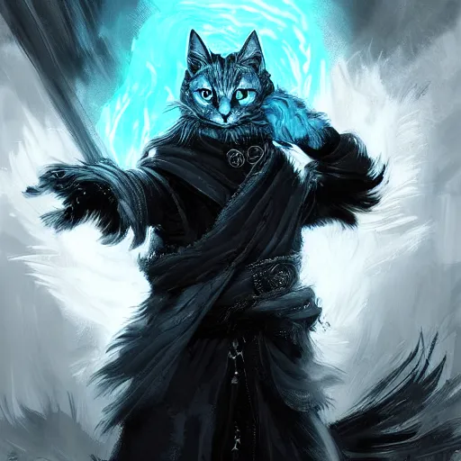 Image similar to black and white cat sorcerer, dnd fantasy digital art by Greg Rutkowski, extremely neon blue accents, extremely detailed fur, fire in the distance