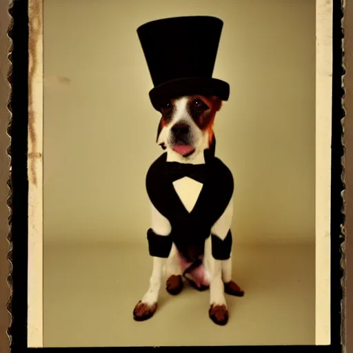 Prompt: photo of dog wearing top hat, Kodak Super 8, 8mm, full-HD