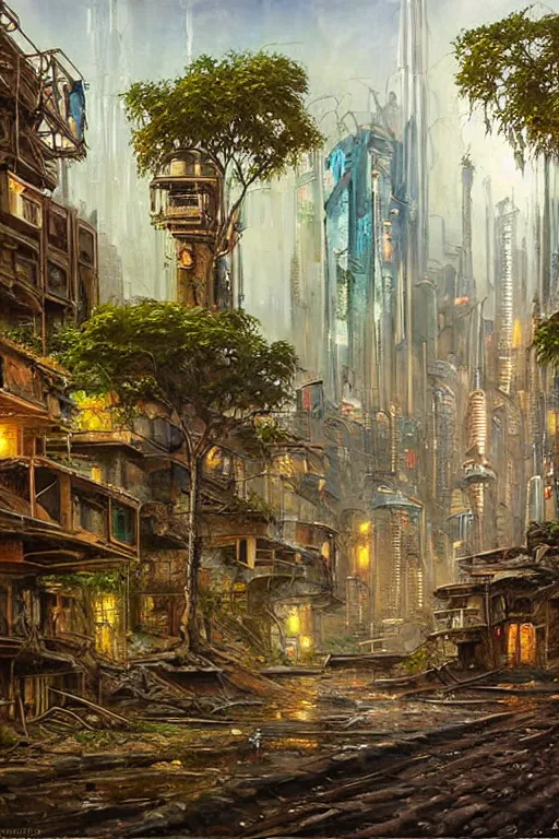 Prompt: beautiful oil painting of a subterranean cyberpunk city with abandoned houses fantasy trees, water, painted by James Gurney