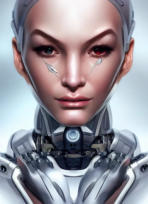Prompt: portrait of a cyborg woman who turns her head to the (((((right))))) (((((left))))) (((((up))))) down!! by Artgerm,eyes closed , biomechanical, hyper detailled, trending on artstation