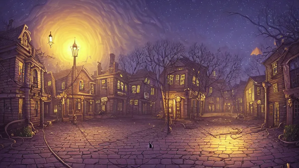 Prompt: empty lovecraftian town square surrounded by houses and inns. cthulhu statue. lovecraftian city at night by cyril rolando and naomi okubo and dan mumford and ricardo bofill. lovecraft. cobbled streets. oil lamp posts. lovecraftian. starry night swirly sky.