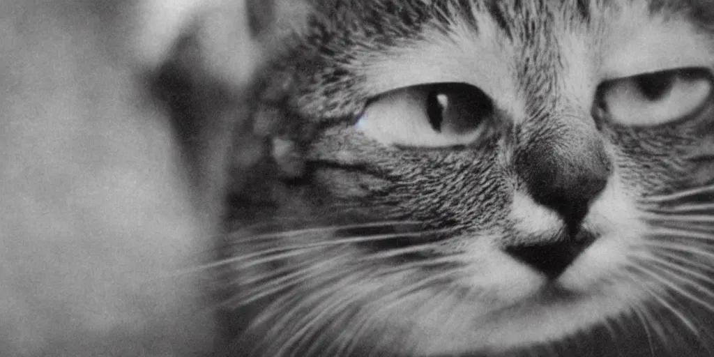 Prompt: very old black and white photo from 1898, film grain, a very surprised cat with large eyes looks into your soul