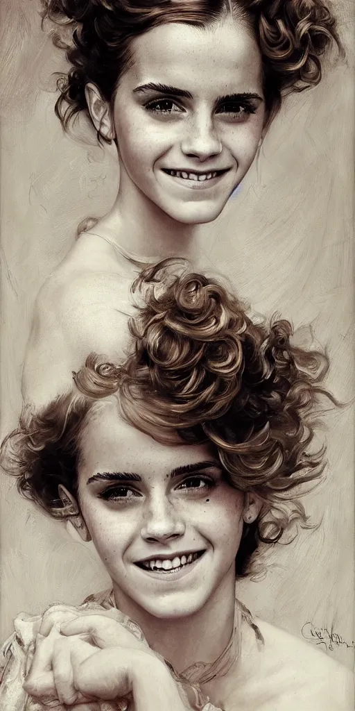 Image similar to emma watson smiling smiling smiling detailed portrait curly updo painting by gaston bussiere craig mullins j. c. leyendecker photograph by richard avedon peter lindbergh annie leibovitz