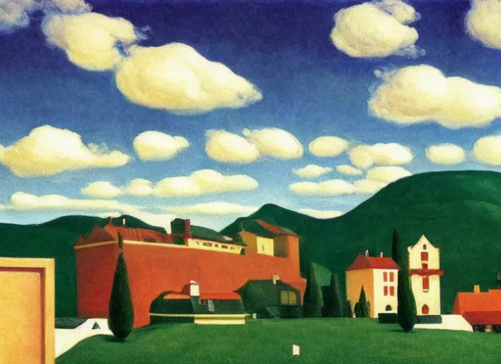 Image similar to alpine village, clouds, bird, open ceiling, strange foreign objects, oil painting by edward hopper, chirico and rene magritte