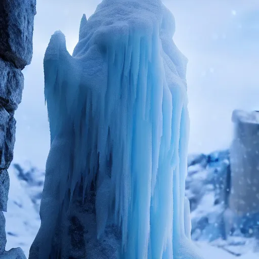 Prompt: large cloudy ice stalagmite on snow in game of thrones, 4 k, epic, cinematic, focus, movie still, fantasy, extreme detail, atmospheric, dark colour, sharp focus