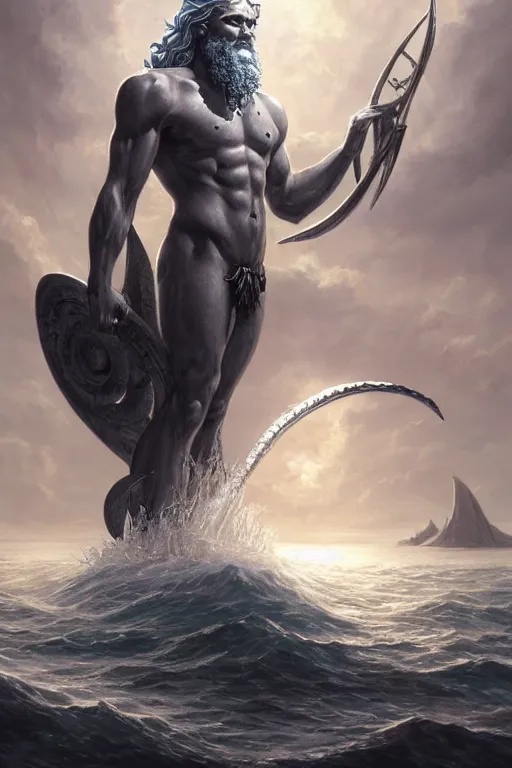 Image similar to poseidon humanoid god of the sea, trident, highly detailed, d & d, fantasy, highly detailed, digital painting, trending on artstation, concept art, sharp focus, illustration, art by artgerm and greg rutkowski and magali villeneuve