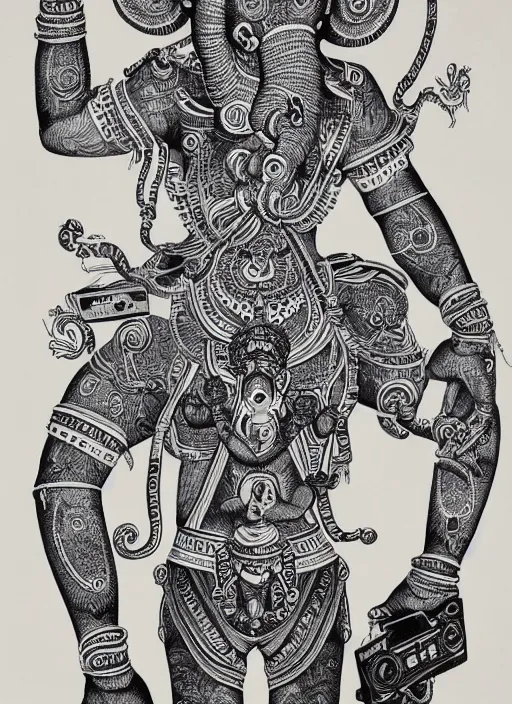 Image similar to black ink line art drawing, 6 armed ganesh dancing holding an old school boombox, high details, intricately detailed, by vincent di fate, artgerm julie bell beeple, inking, 1 9 9 0 s, vintage 9 0 s print, screen print