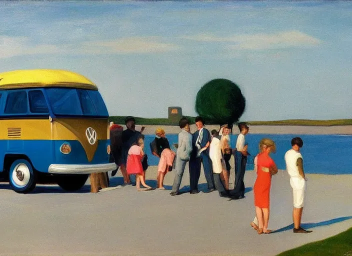 Prompt: painting, two young men and women near vw bus, by edward hopper, bernardo bertolucci dreamers movie scene