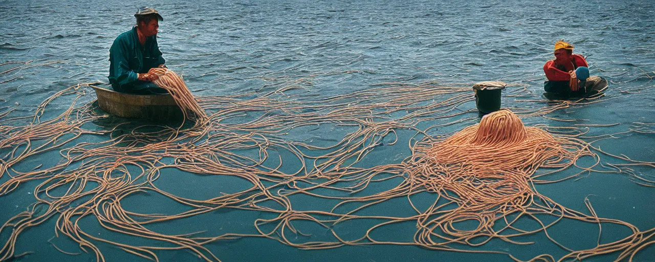 Image similar to spaghetti floating on the surface of the ocean, fisherman in the background, small details, intricate, sharply focused, canon 5 0 mm, wes anderson film, kodachrome