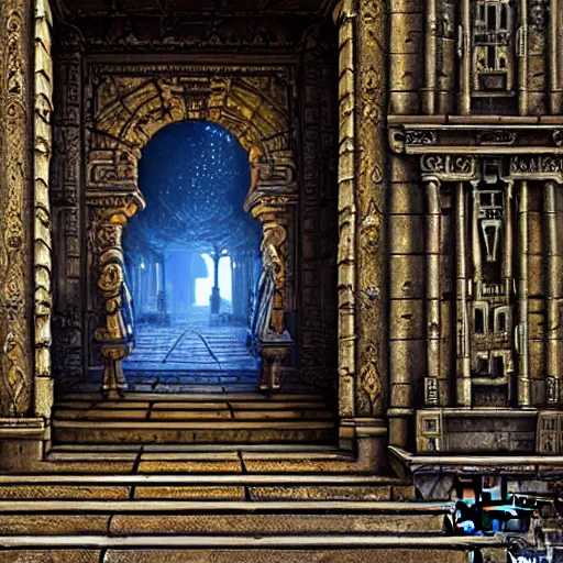 Prompt: carved futuristic door at the end of ancient ornate steps shows a large window to a city detailing the vast architectural scientific ancient and cultural acheivements of humankind, magical atmosphere, renato muccillo, jorge jacinto, andreas rocha, damian kryzwonos, ede laszlo, christian reiske, highly detailed digital art, cinematic blue and gold