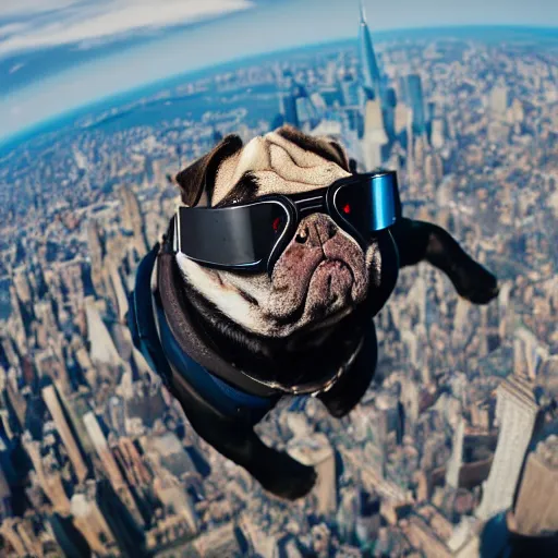 Prompt: A high quality action photo of a pug with old school brown pilot goggles flying like superman towards the camera, high above NYC, motion blur, high detail, zoomed in, fish eye lense