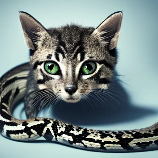 Prompt: kitten cobra feline snake, portrait photography, fangs teeth growl venom, single subject, faded background, adorable soft scales snek kawaii big eye cute cuddly, photorealism, in the style of National Geographic