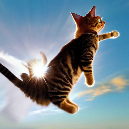 Image similar to a hyper realistic photo of a superhero cat flying in the sky. the sky is blue and it ’ s sunny. she is accelerating very fast.