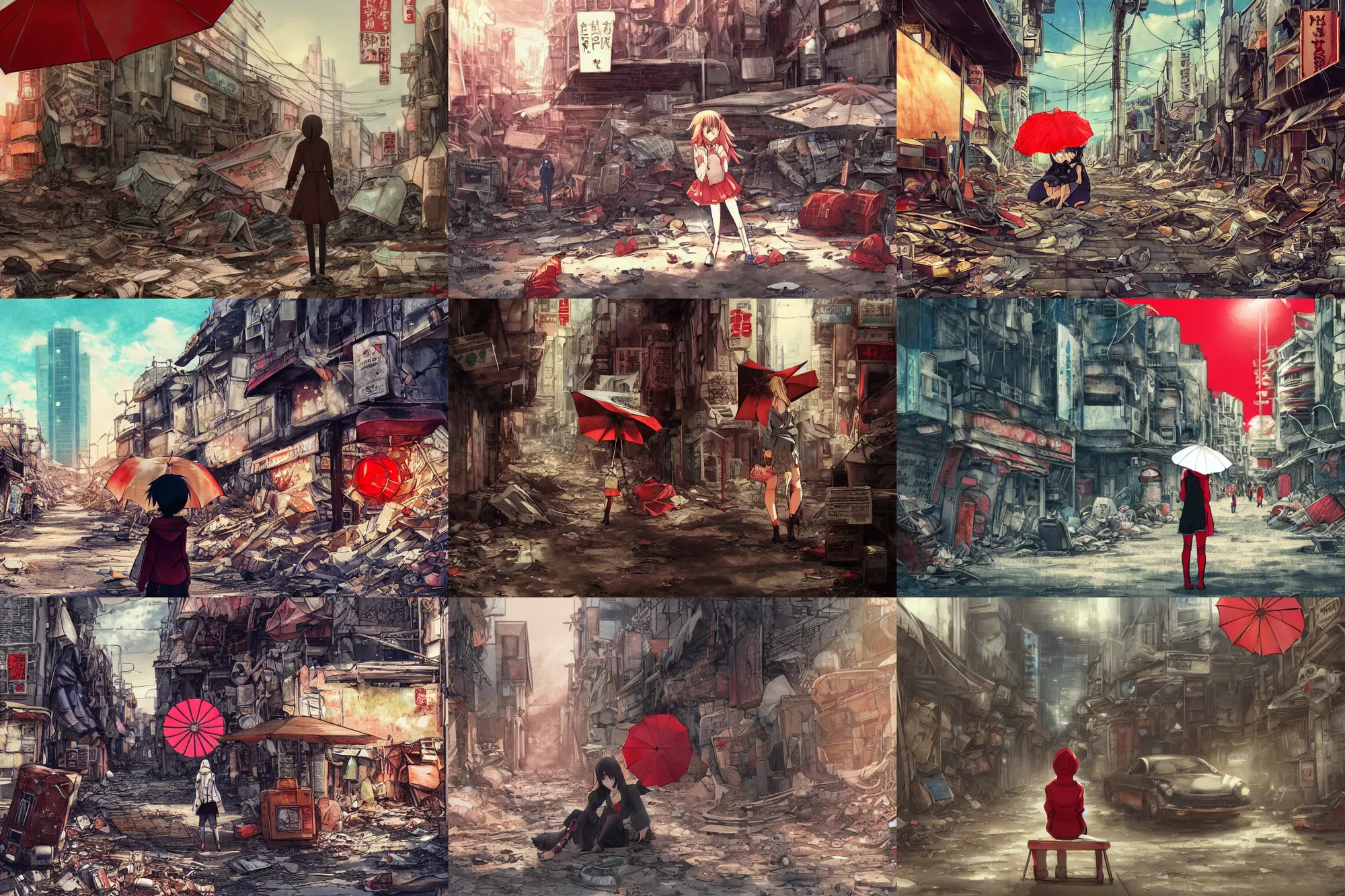 Prompt: anime artwork, stark lighting, abandoned city, paper texture, movie scene, distant shot of hoody girl sitting under a red parasol in deserted dusty shinjuku junk town, old pawn shop, bright ground, lurking robot monster in background, dusty, pencil lines