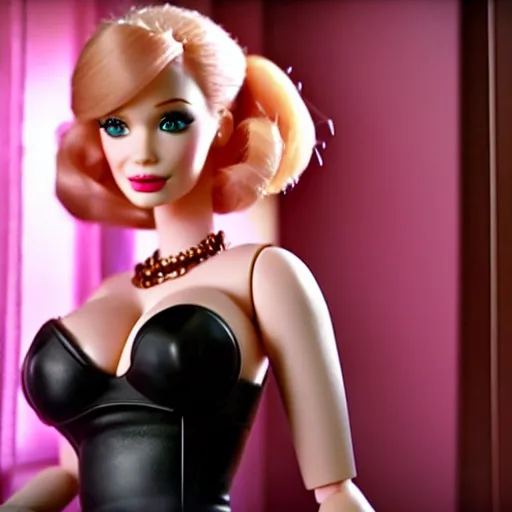 Image similar to amazing beautiful Christina Hendricks barbie doll wearing leather in the living room, film still from the movie directed by Denis Villeneuve , wide lens