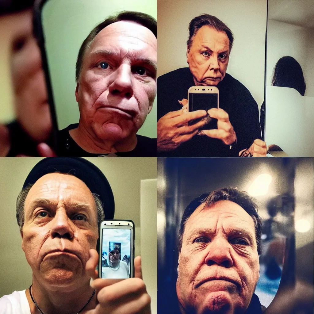 Prompt: old francois legault, selfie, duckface, instagram, cat filter, dirty mirror