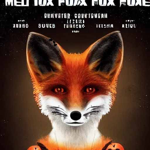 Image similar to movie poster for a horror movie featuring an anthropomorphic male fox dressed in casual clothing, dark and spooky Halloween theme