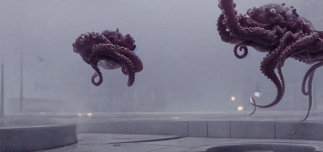 Image similar to a robotic octopus climbing out of a storm drain, foggy, cinematic shot, photo still from movie by denis villeneuve, wayne barlowe