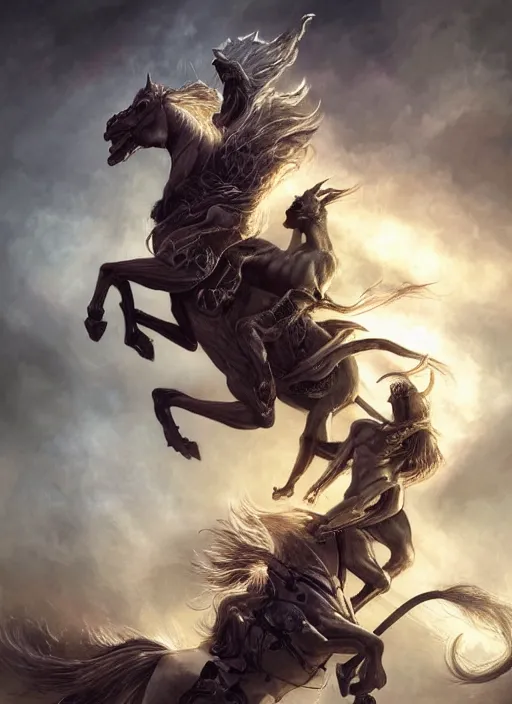 Image similar to the singular horseman of the apocalypse is riding a strong fierce ferocious undead green stallion, horse is up on its hind legs, the strong male rider is death with a scithe, beautiful artwork by artgerm and rutkowski, breathtaking, beautifully lit, dramatic