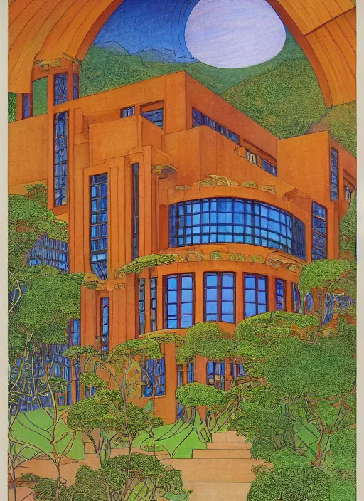 Prompt: a beautiful Frank Lloyd Wright painting of a serene neo-andean architecture with curly tall windows, spherical balconies, tiny human figures climbing, by Ivan Bilibin, geometric