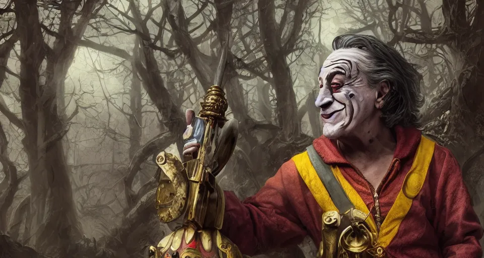 Image similar to robert de niro as medieval joker, crazy colorful clothing with a heavy golden mace in his left hand and a beer jug in his right hand, full body portrait with high detailled face, symmetrical face, intricate details, wandering through a forbidden forest, trending on artstation, 8 k hyperrealistic, style of peter mohrbacher, octane render, unreal engine