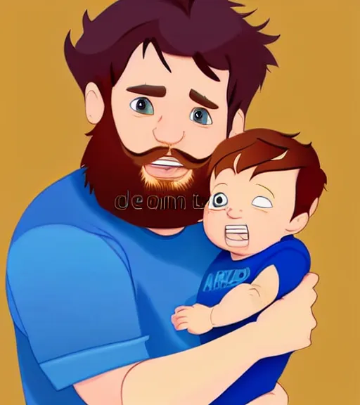 Prompt: a father with short red hair, a short red beard and blue eyes and a chubby face hold his infant son with short brown hair full color digital illustration in the style of don bluth, artgerm, artstation trending, 4 k