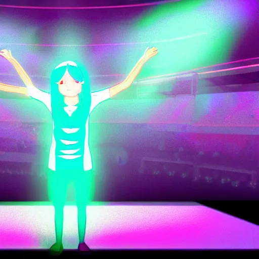 Prompt: a person on a stage with their arms in the air, a hologram by yasutomo oka, featured on pixiv, holography, seapunk, anime, glowing lights.