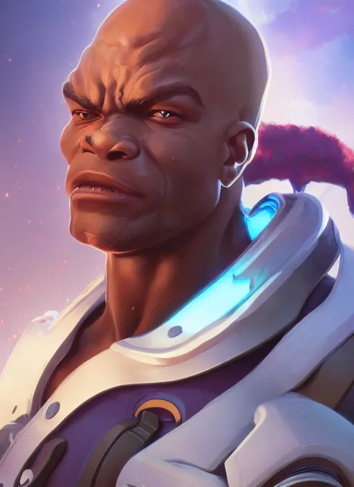 Image similar to character portrait of a fusion of Doomfist from Overwatch and Lucio from Overwatch by ArtGerm and Tom Bagshaw, 4k, highly detailed, cinematic lighting, characters merged