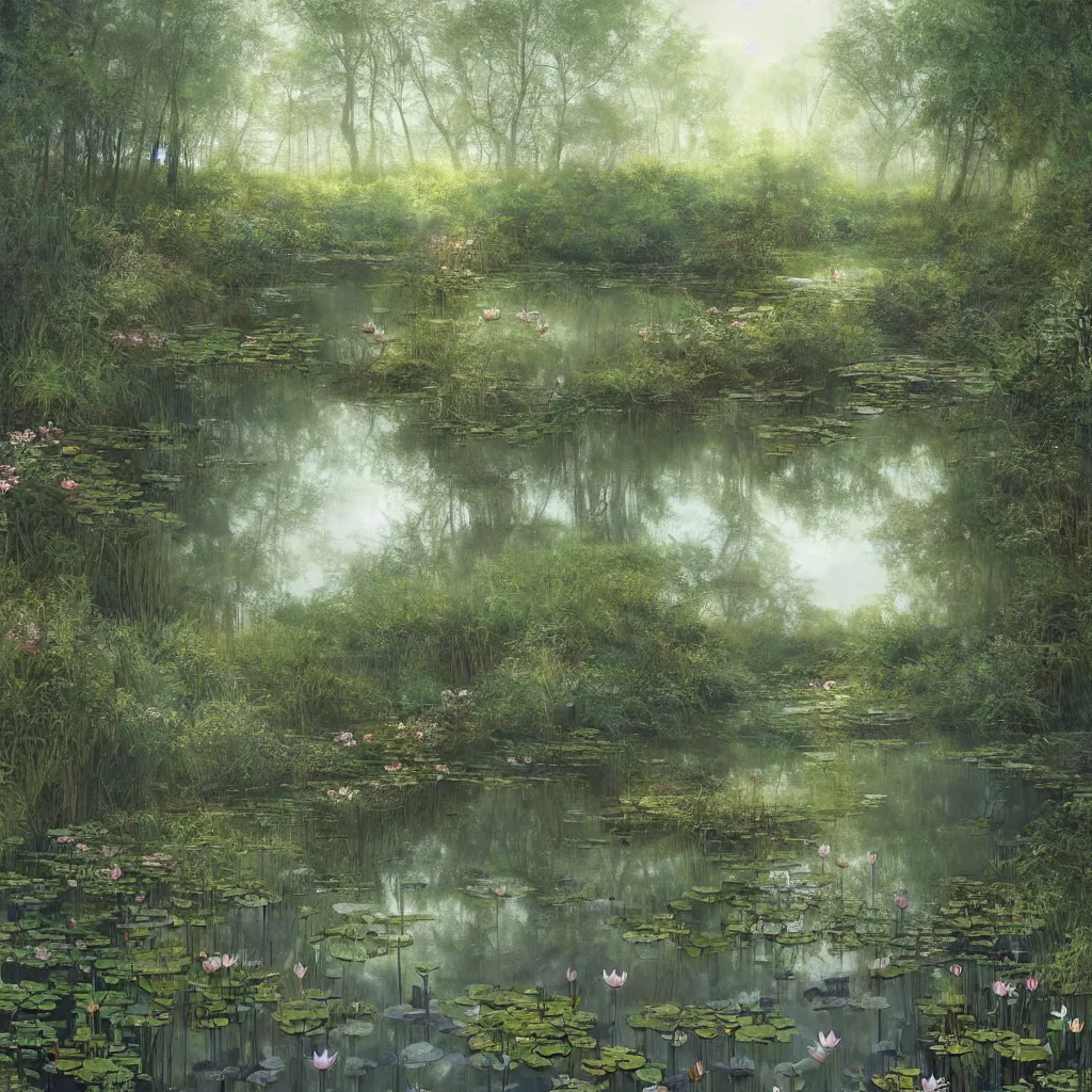 Image similar to a mirror like pond, by alan lee, springtime flowers and foliage in full bloom, lotus flowers on the water, dark foggy forest background, sunlight filtering through the trees, digital art, art station