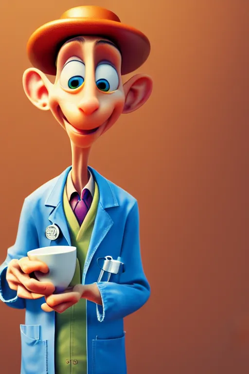 Image similar to portrait of the crazy doctor holding a cup of coffee, hospital in background, full body. pixar disney 4 k 3 d render funny animation movie oscar winning trending on artstation and behance. ratatouille style.